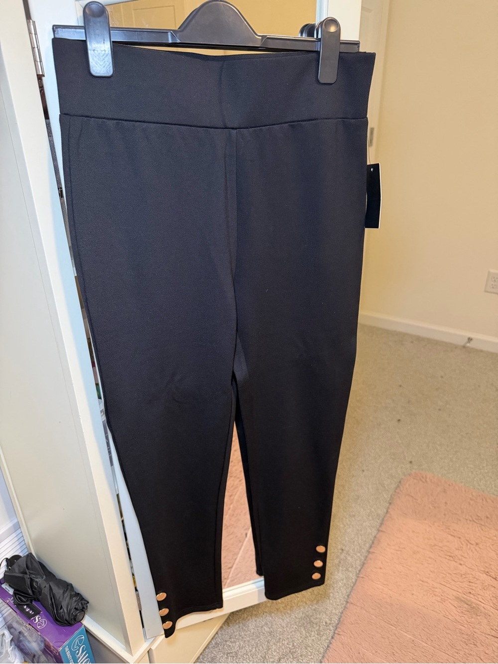 Alice Blue Women’s Black Ponte Knit Ankle Pants with Button Detail